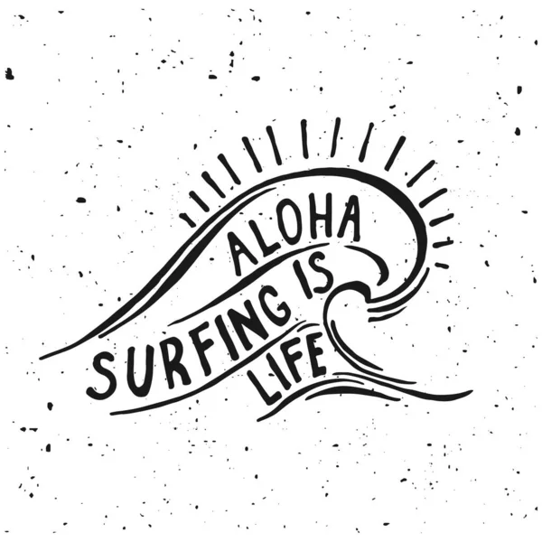 Aloha Szörfözés Betűkkel Vector Kalligráfia Illusztráció Hawaii Kézzel Készített Trópusi — Stock Vector