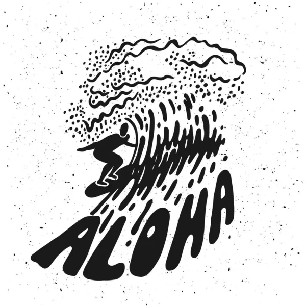 Aloha Surfing Bokstäver Vektor Kalligrafi Illustration Hawaiian Handgjorda Tropiska Exotiska — Stock vektor