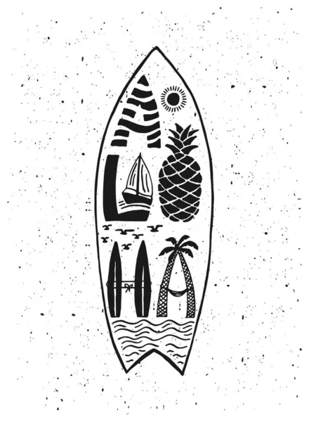 Aloha Szörfözés Betűkkel Vector Kalligráfia Illusztráció Hawaii Kézzel Készített Trópusi — Stock Vector