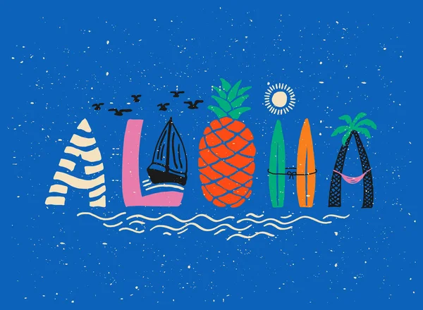 Aloha Szörfözés Betűkkel Vector Kalligráfia Illusztráció Hawaii Kézzel Készített Trópusi — Stock Vector