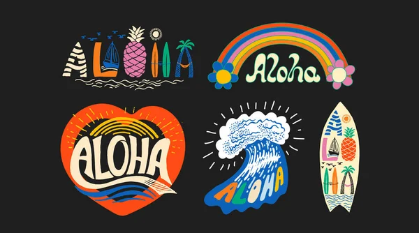 Aloha Decorative Text Illustrations Set Surfing Lettering Vector Calligraphy Hawaiian — Stock Vector