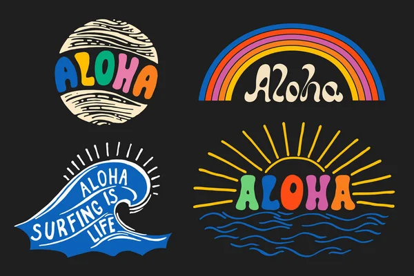 Aloha Decorative Text Illustrations Set Surfing Lettering Vector Calligraphy Hawaiian — Stock vektor