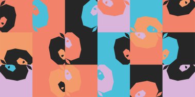 Meyve elementleri ve sebze şekilli evrensel kusursuz geometrik desen. Bir Poster Tasarımı, Kumaş Yazısı, Duvar Kağıdı, Paket Kağıdı İçin Soyut Vektör Arkaplan Bileşimi.