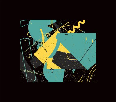 Antidizayn Maximalism Collage Teknik 'te alışılmadık Garip Vektör Trendi Geometrik Kaos Şekilleri Kompozisyon Arkaplanı. Asit Figürleri, Bozukluk, Değişiklikler ve Dönüşümler.