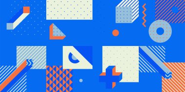 Basit Şekilli Moda Arkaplan, Figürler. 80 'ler-90' lar tarzında renkli geometrik desen. Duvar Kağıdı Dekorasyonları, Sunumlar, Poster Tasarımı, Kumaş Tekstili için Vektör Özeti.