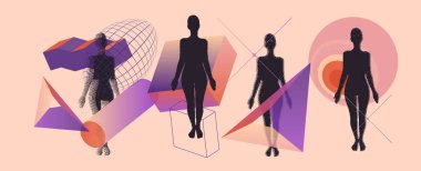 Soyut Vektör Düzeni Bileşimi: Geometrik desenli elementler ve şekiller, insan vücudu. Web Tasarımı, Sosyal medya, Davetiye, Poster, Tekstil Yazdırma, Arkaplan.