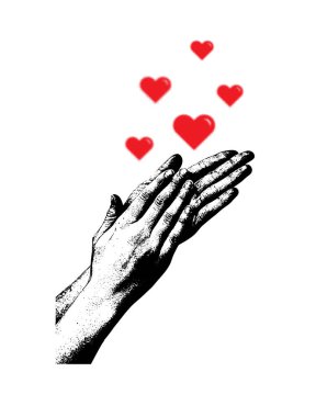 Vector image of human Clapping Hands Sign with red hearts front view isolated on background with geometric shapes and elements clipart