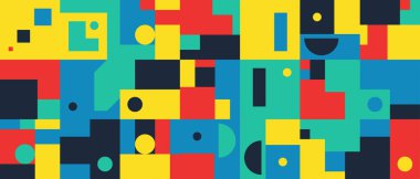 Basit Şekiller ve Şekillerle Soyut Geometrik Sanat Tasarımı. Geometrik elementlerle yatay desen grafikleri. Web Afişi, İş Sunumu, Markalaşma Paketi, Kumaş Yazdırma İçin Mükemmel.