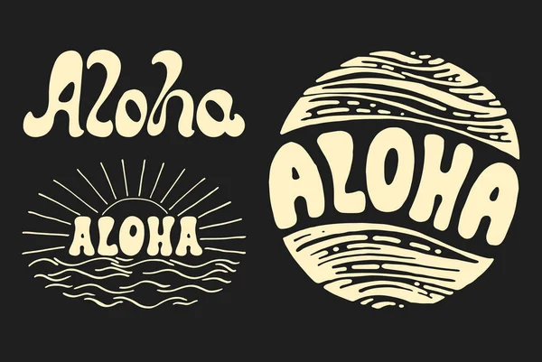 阿罗哈冲浪字母 矢量书法插图 夏威夷手工制作的热带异国情调的T恤图案 夏季服装印花设计 复古绘制海波 复古纹理 — 图库矢量图片