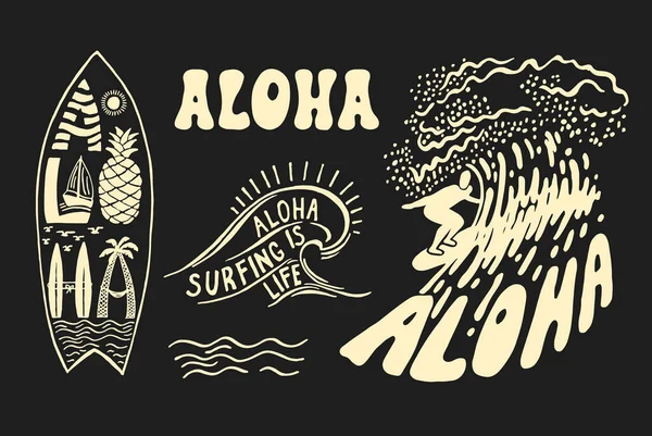 Aloha Surfing Bokstäver Vektor Kalligrafi Illustration Hawaiian Handgjorda Tropiska Exotiska — Stock vektor