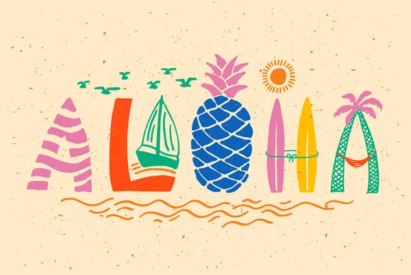 Aloha Decorative Text Illustrations Set Surfing Lettering Vector Calligraphy Hawaiian — 스톡 벡터