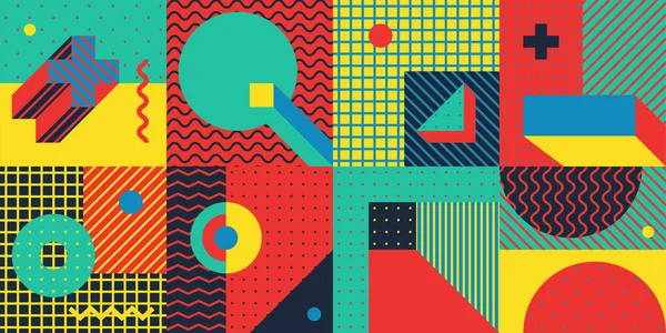 Trendy Achtergrond Met Eenvoudige Vormen Figuren Kleurrijk Geometrisch Patroon Jaren — Stockvector