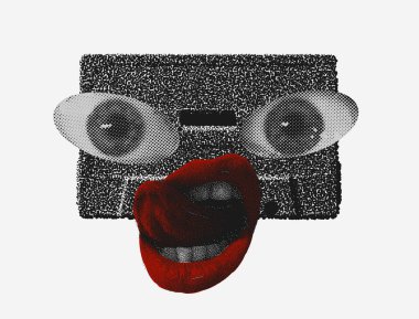 Göz, ağız ve müzik kasetiyle soyut Vektör İllüzyonu. Geometrik Bileşim, Web Tasarımı, İş Kartı, Davetiye, Poster, Tekstil Yazısı, Arkaplan için Kullanışlı.