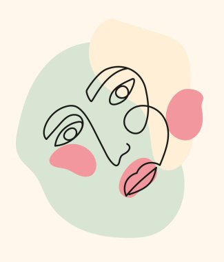 Kadın yüzünün vektör doğrusal portresi. Çizgi Sanatı İllüstrasyonu Parlak Parlak Renkli Soyut Saten Kabarcıkları Bileşimi ile yan yana. İç tasarım resimleri için mükemmel, matbaa Ets