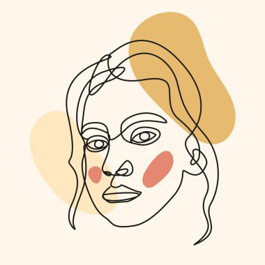 Kadın yüzünün vektör doğrusal portresi. Çizgi Sanatı İllüstrasyonu Parlak Parlak Renkli Soyut Saten Kabarcıkları Bileşimi ile yan yana. İç tasarım resimleri için mükemmel, matbaa Ets