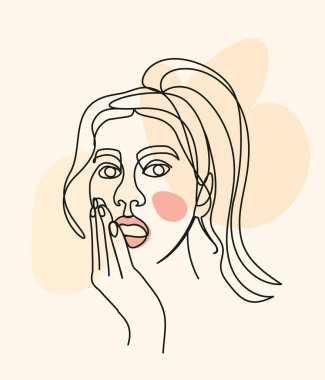 Kadın yüzünün vektör doğrusal portresi. Çizgi Sanatı İllüstrasyonu Parlak Parlak Renkli Soyut Saten Kabarcıkları Bileşimi ile yan yana. İç tasarım resimleri için mükemmel, matbaa Ets