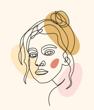 Kadın yüzünün vektör doğrusal portresi. Çizgi Sanatı İllüstrasyonu Parlak Parlak Renkli Soyut Saten Kabarcıkları Bileşimi ile yan yana. İç tasarım resimleri için mükemmel, matbaa Ets