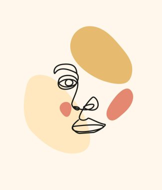 Kadın yüzünün vektör doğrusal portresi. Çizgi Sanatı İllüstrasyonu Parlak Parlak Renkli Soyut Saten Kabarcıkları Bileşimi ile yan yana. İç tasarım resimleri için mükemmel, matbaa Ets