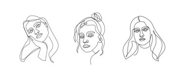 Kadın yüzünün vektör doğrusal portresi. Siyah ve Beyaz Çizgi Sanat Resimleri Seti. İç tasarım resimleri için mükemmel, matbaa Ets