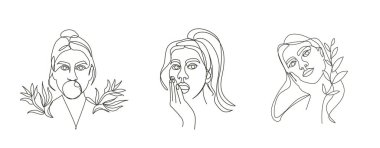 Kadın yüzünün vektör doğrusal portresi. Siyah ve Beyaz Çizgi Sanat Resimleri Seti. İç tasarım resimleri için mükemmel, matbaa Ets