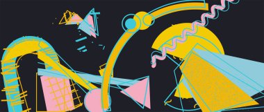 Antidizayn Maximalism Collage Teknik 'te alışılmadık Garip Vektör Trendi Geometrik Kaos Şekilleri Kompozisyon Arkaplanı. Asit Figürleri, Bozukluk, Değişiklikler ve Dönüşümler.