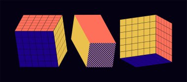 Basit 3 boyutlu şekilleri ve parlak renkleri olan soyut geometrik vektör deseni. Geometrik kompozisyon, web tasarımı için kullanışlı, kartvizit, davet, poster, tekstil baskısı, arkaplan