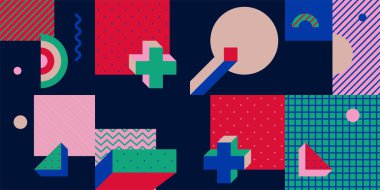 Basit Şekilli Moda Arkaplan, Figürler. 80 'ler-90' lar tarzında renkli geometrik desen. Duvar Kağıdı Dekorasyonları, Sunumlar, Poster Tasarımı, Kumaş Tekstili için Vektör Özeti.