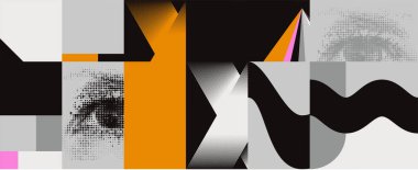 Modern Soyut Düzen Yatay Arkaplan Grunge Geçiş Dokusuyla, Geometrik Şekiller Elementleri Nesneleri, Kalın Kompozisyon. Dergi, broşür, reklam panosu, satış için tasarım malzemesi