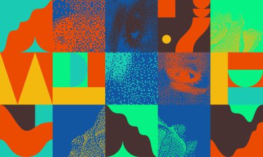 Modern Soyut Düzen Yatay Arkaplan Grunge Geçiş Dokusuyla, Geometrik Şekiller Elementleri Nesneleri, Kalın Kompozisyon. Dergi, broşür, reklam panosu, satış için tasarım malzemesi