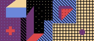 Basit Şekilli Moda Arkaplan, Figürler. 80 'ler-90' lar tarzında renkli geometrik desen. Duvar Kağıdı Dekorasyonları, Sunumlar, Poster Tasarımı, Kumaş Tekstili için Vektör Özeti.