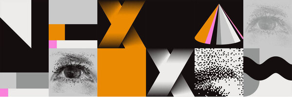 Modern Abstract Pattern Horizontal Background With Grunge Transition Texture, Geometric Shapes Elements Objects, Bold Composition. Design Item For Magazine, Leaflet, Billboard, Sale