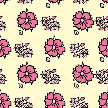 Vektör sarı arka plan beyaz kiraz ağacı çiçekleri ve kiraz çiçeği sakura çiçekleri. Kusursuz desen arkaplanı