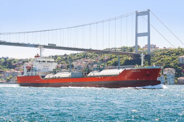 İstanbul, Türkiye; 26 Mayıs 2013: Boğaz köprüsü altından geçen ticaret gemisi.