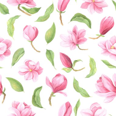 Elle boyanmış suluboya manolya çiçekleri ve bahçe bitkilerinden esinlenerek pembe renklerde yapraklar. Romantik çiçek arkaplanı kumaş tekstil, klasik kağıt veya yapıştırma kitabı için mükemmel.