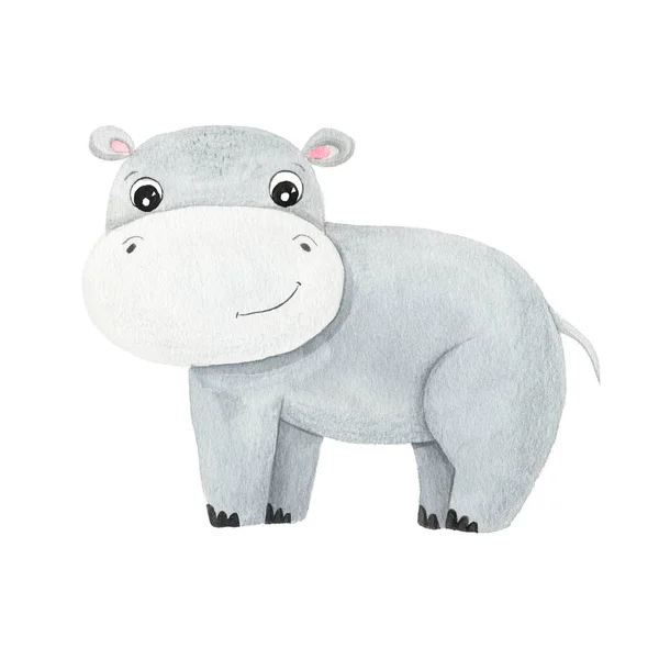 Acuarela Lindo Personaje Dibujos Animados Hipopótamo Animal Aislado Blanco Pintado — Foto de Stock