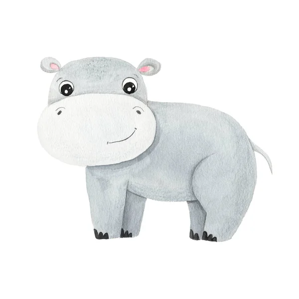 Watercolor cute cartoon hippopotamus animal character isolated on white. Hand painted exotic tropical little baby cat perfect for nursery print poster design and baby shower card makin