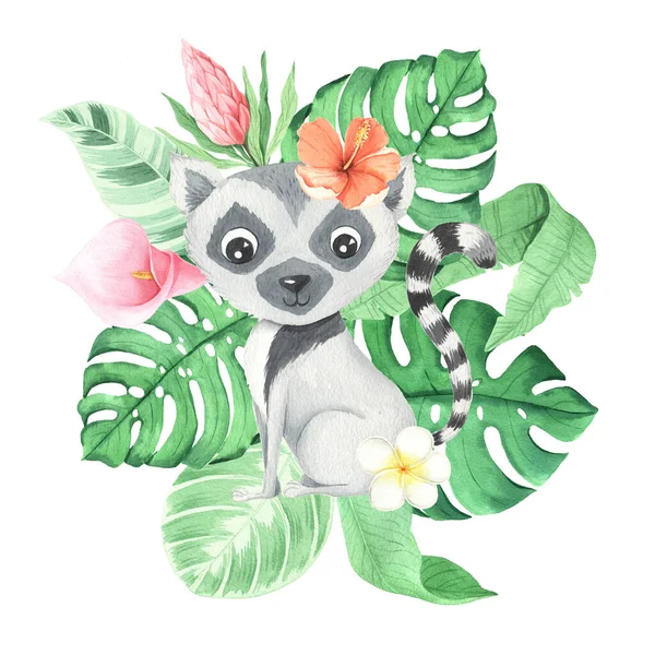 Watercolor cute cartoon animal character isolated on white. Hand painted exotic tropical little baby lemur perfect for nursery print poster design and baby shower card makin