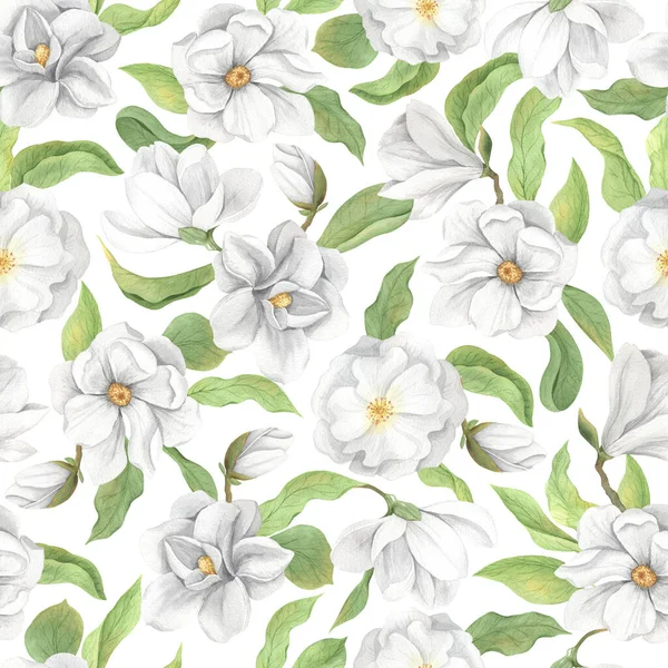 Płynny Wzór Ręcznie Malowane Kwiaty Magnolii Akwareli Jasnobiałym Kolorze Inspirowane Obrazy Stockowe bez tantiem