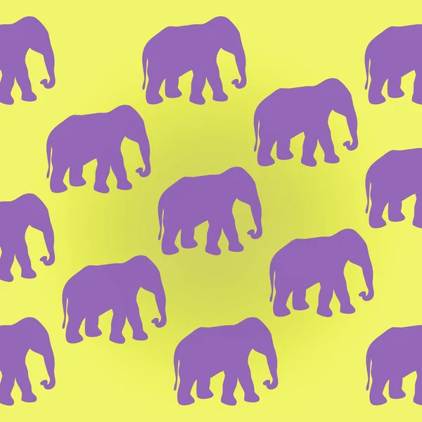 Purple elephants on yellow background. Minimal seamless pattern ilustration, flat lay square composition, cute animals concept