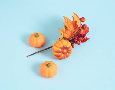 Yapay balkabakları, sonbahar yaprakları ve böğürtlenler arka planda yatıyor- Minimum sonbahar kutlaması konsepti, düz konum