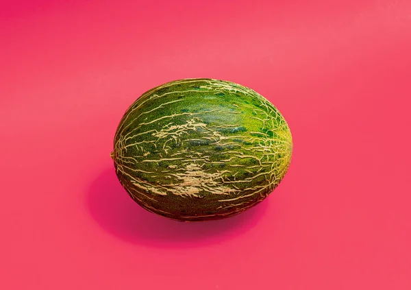 Whole Honeydew melon on a red background. Minimal horizontal composition, healthy sweet food concept