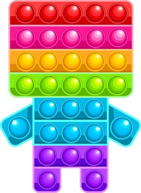 Erkek biçiminde modaya uygun anti-stres oyunu. Gökkuşağı renginde el yapımı bir oyuncak. Beyaz arkaplanda vektör çizimi. Patlat. Basit Dimple