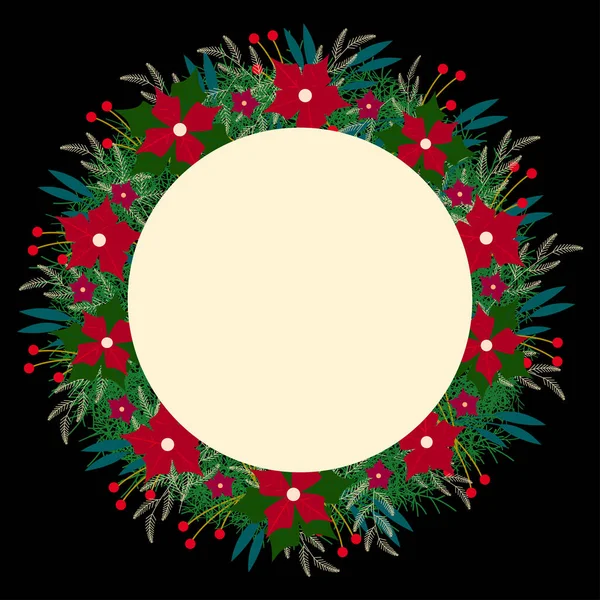 Une carte de Noël avec une couronne de branches et de fleurs. — Image vectorielle