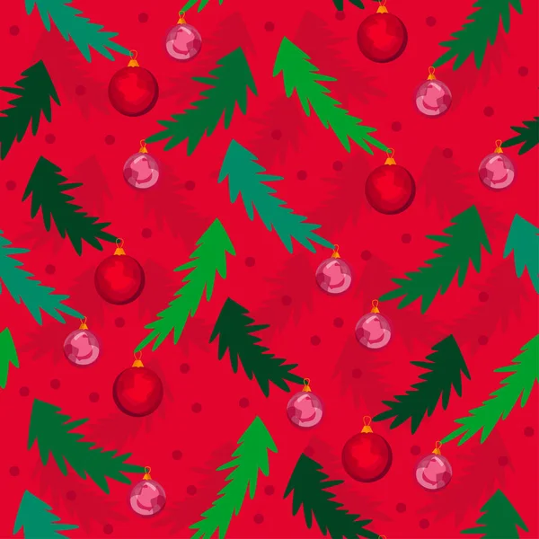 Weihnachtsmuster Mit Christbaumzweigen Und Luftballons Auf Rotem Hintergrund Gemütliche Winterliche — Stockvektor