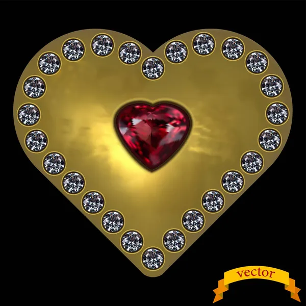 Image en or d'un cœur avec des pierres sur fond noir. — Image vectorielle
