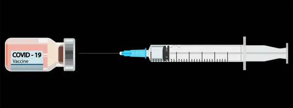 Шприц с иглой и бутылкой в плоском стиле, концепция вакцинации. — стоковый вектор