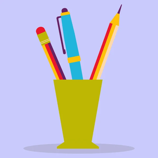 Tužky a pero ve sklenici do kanceláře. — Stockový vektor