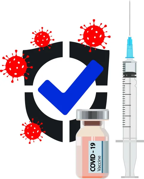 Вакцина и щит от вируса. — стоковый вектор