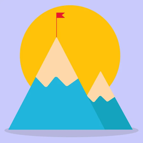 Des montagnes. Un drapeau rouge au sommet de la montagne. — Image vectorielle