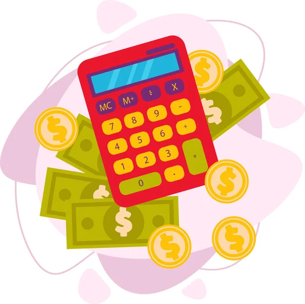 Calculadora com notas e moedas, dólares, dinheiro, ilustração vetorial. — Vetor de Stock
